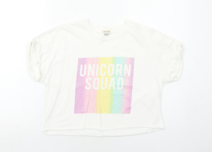 River Island Girls White Cotton Basic T-Shirt Size 11-12 Years Crew Neck Pullover - Unicorn Squad