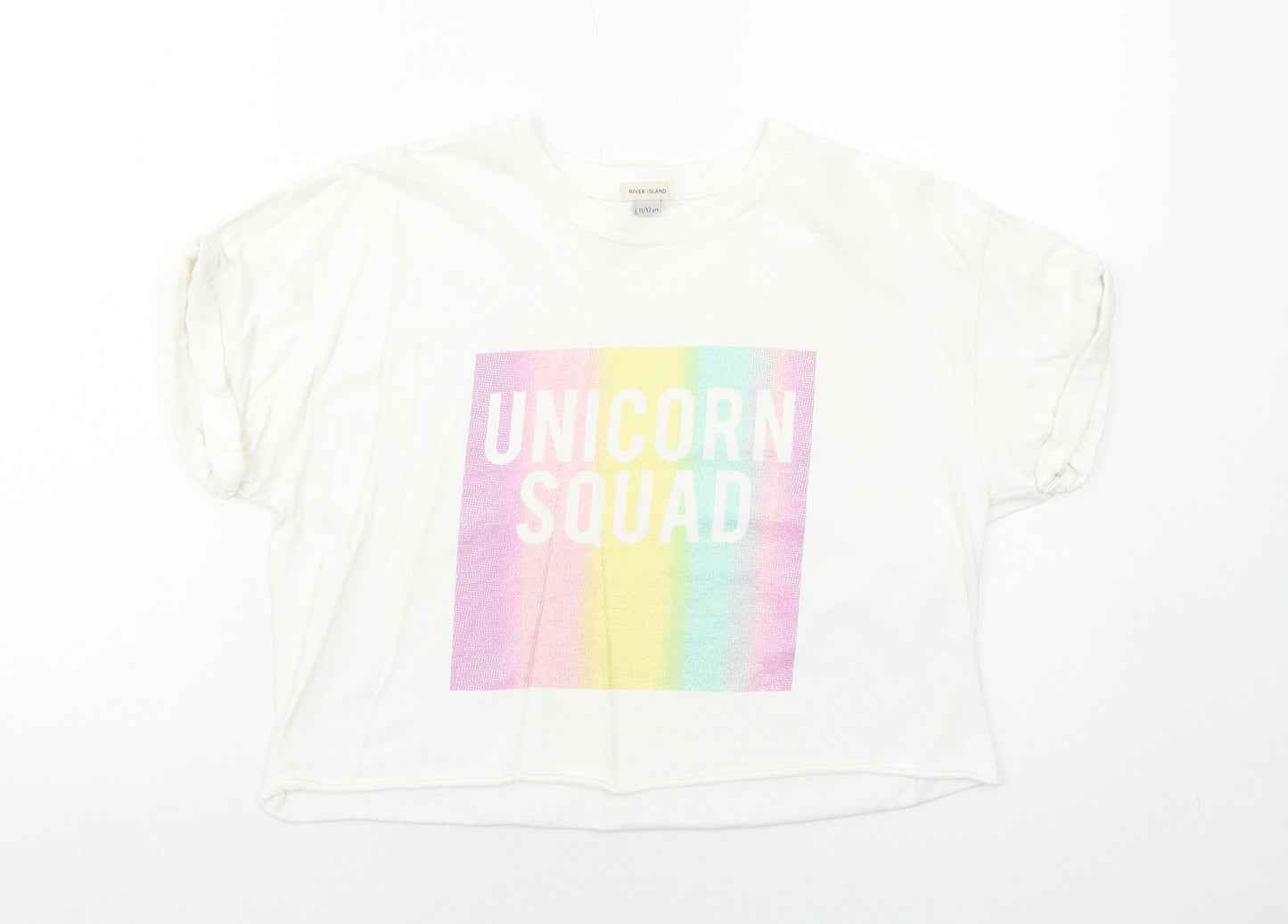 River Island Girls White Cotton Basic T-Shirt Size 11-12 Years Crew Neck Pullover - Unicorn Squad