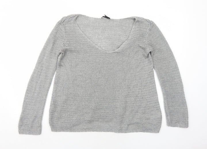 H&M Womens Grey V-Neck Acrylic Pullover Jumper Size S