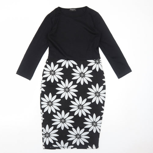 Indulgence Womens Black Floral Wool A-Line Size S Round Neck Pullover - Size S-M