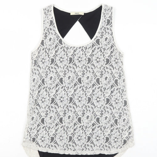 Oasis Womens White Geometric Polyamide Basic Tank Size S Round Neck - Open Back