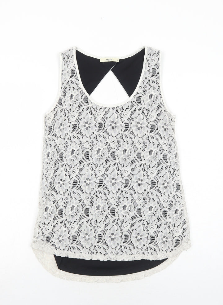 Oasis Womens White Geometric Polyamide Basic Tank Size S Round Neck - Open Back