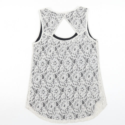 Oasis Womens White Geometric Polyamide Basic Tank Size S Round Neck - Open Back