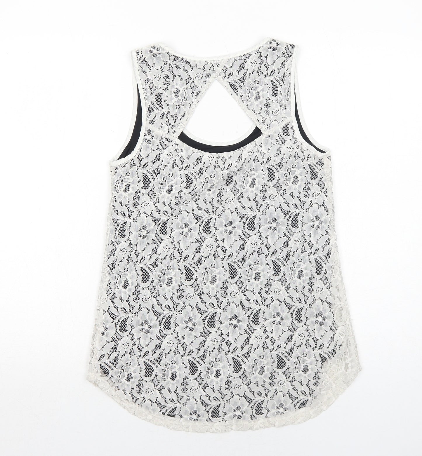 Oasis Womens White Geometric Polyamide Basic Tank Size S Round Neck - Open Back