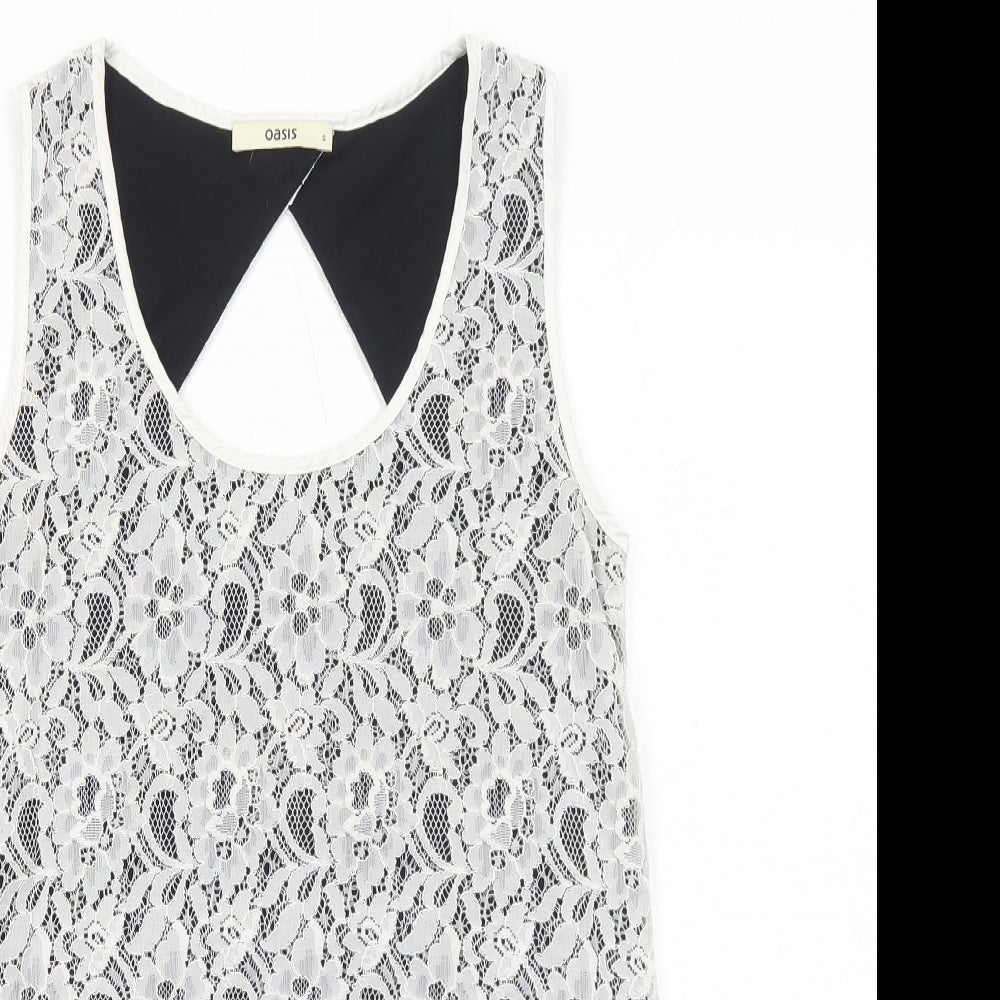 Oasis Womens White Geometric Polyamide Basic Tank Size S Round Neck - Open Back