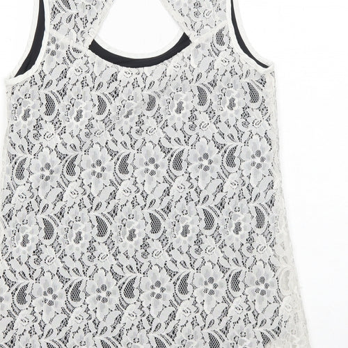 Oasis Womens White Geometric Polyamide Basic Tank Size S Round Neck - Open Back