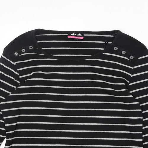 Arista Womens Black Striped Cotton Basic Blouse Size 14 Round Neck