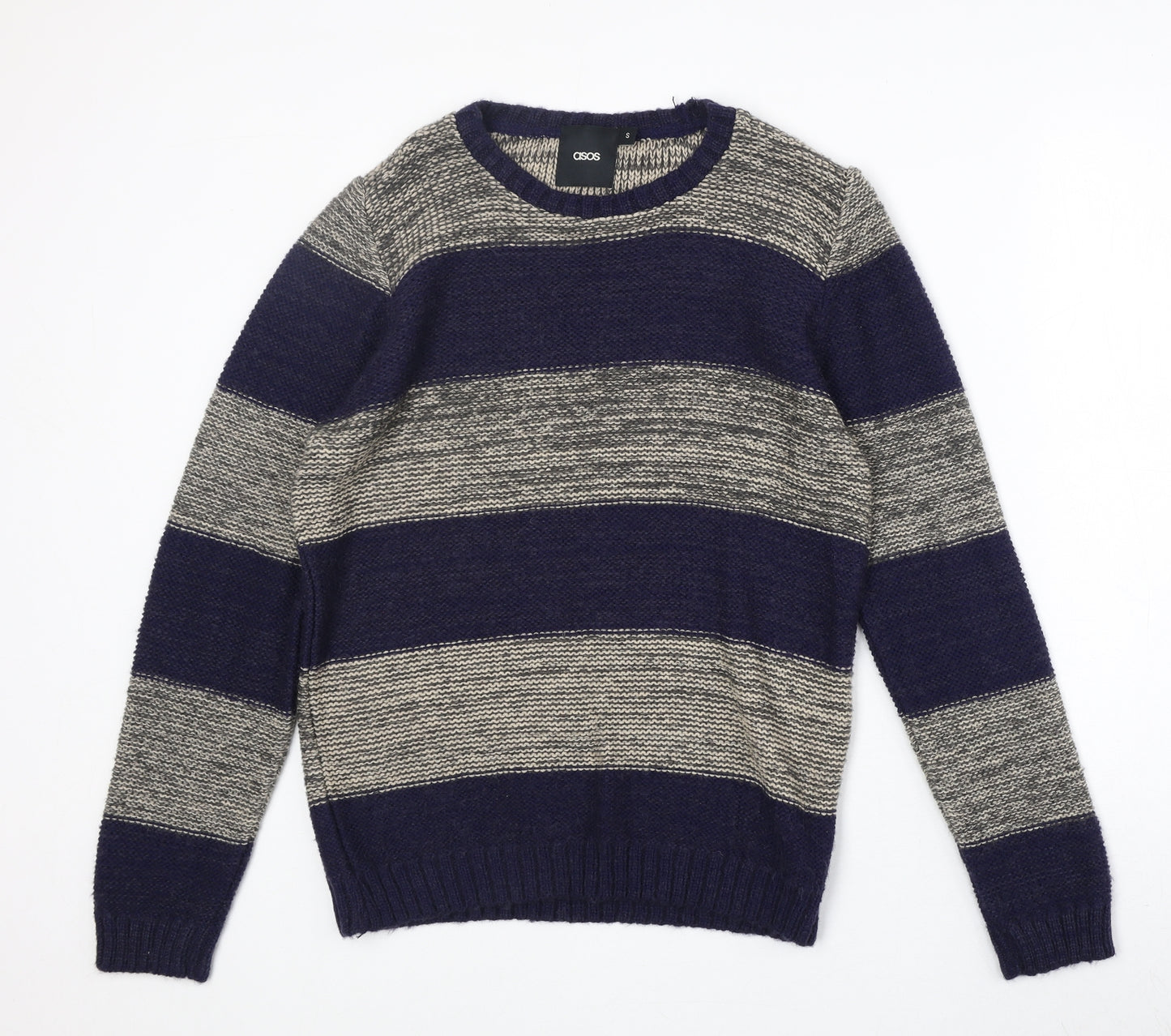 ASOS Mens Blue Round Neck Striped Acrylic Pullover Jumper Size S Long Sleeve