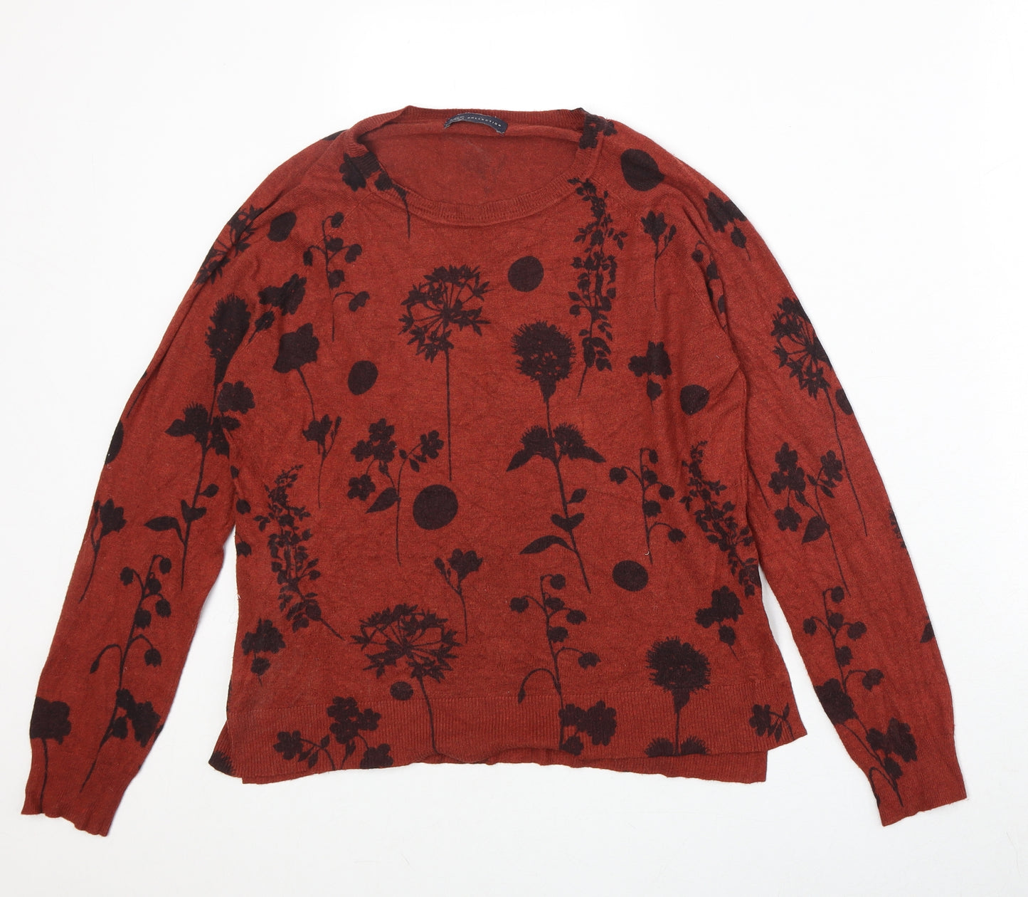 Marks and Spencer Womens Orange Round Neck Floral Viscose Pullover Jumper Size 12