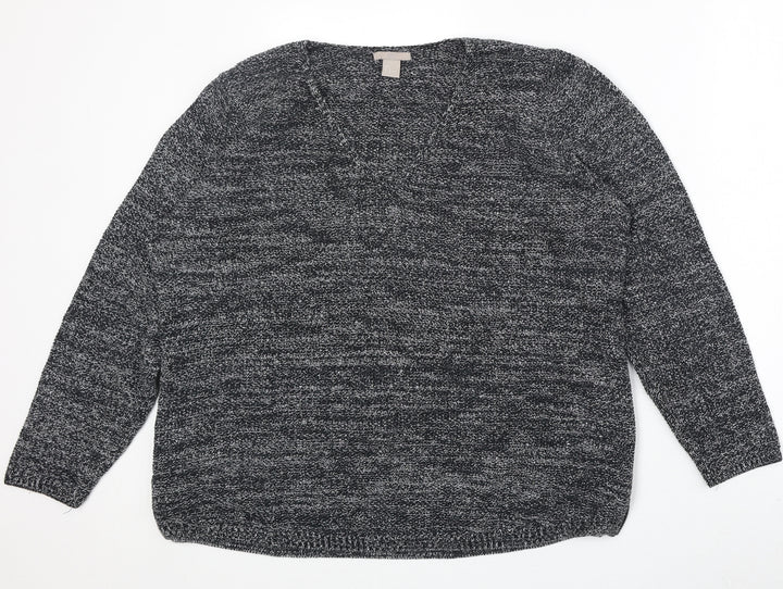 H&M Womens Grey V-Neck Cotton Pullover Jumper Size L