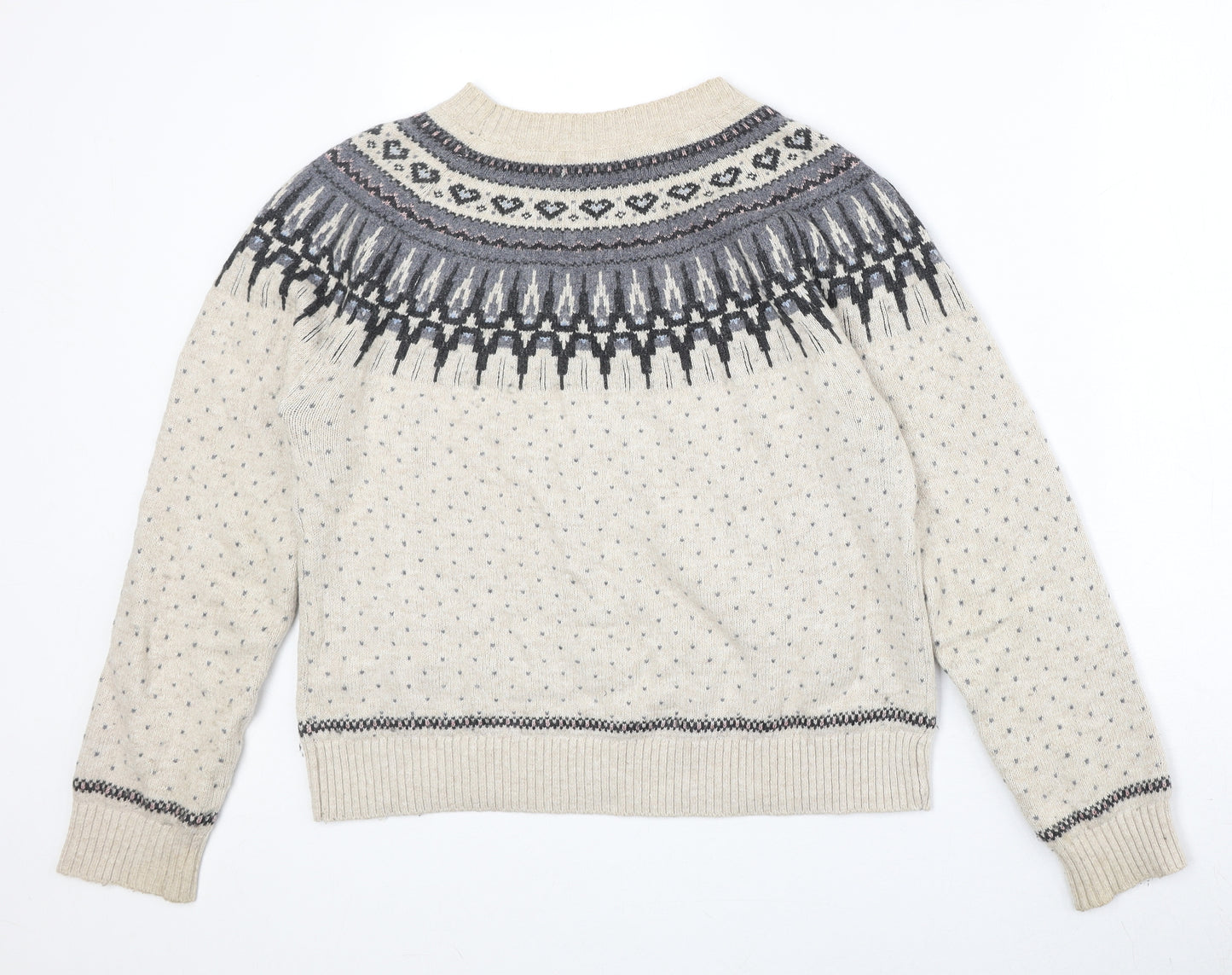 Fat Face Womens Beige Round Neck Fair Isle Cotton Pullover Jumper Size 12