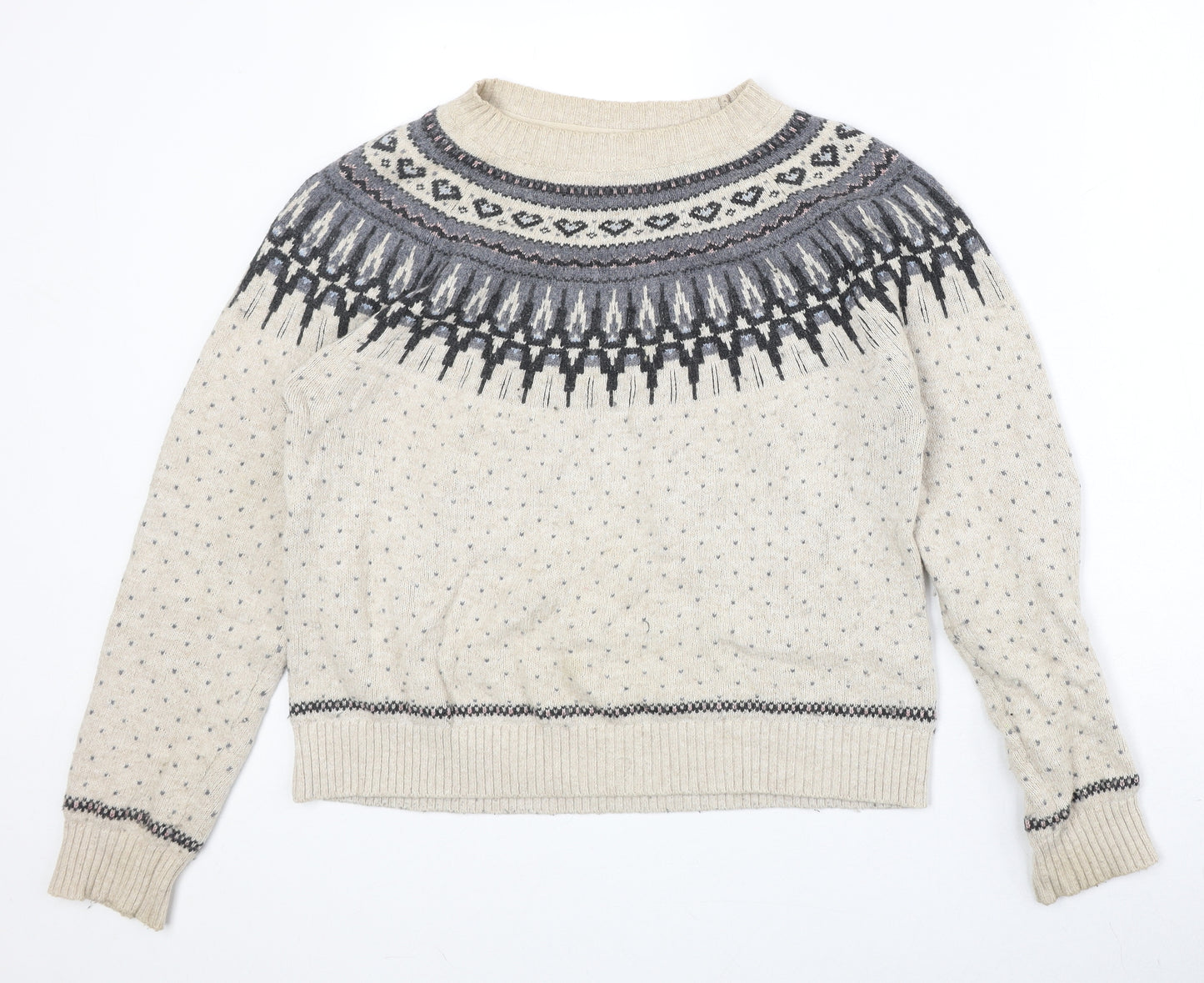 Fat Face Womens Beige Round Neck Fair Isle Cotton Pullover Jumper Size 12