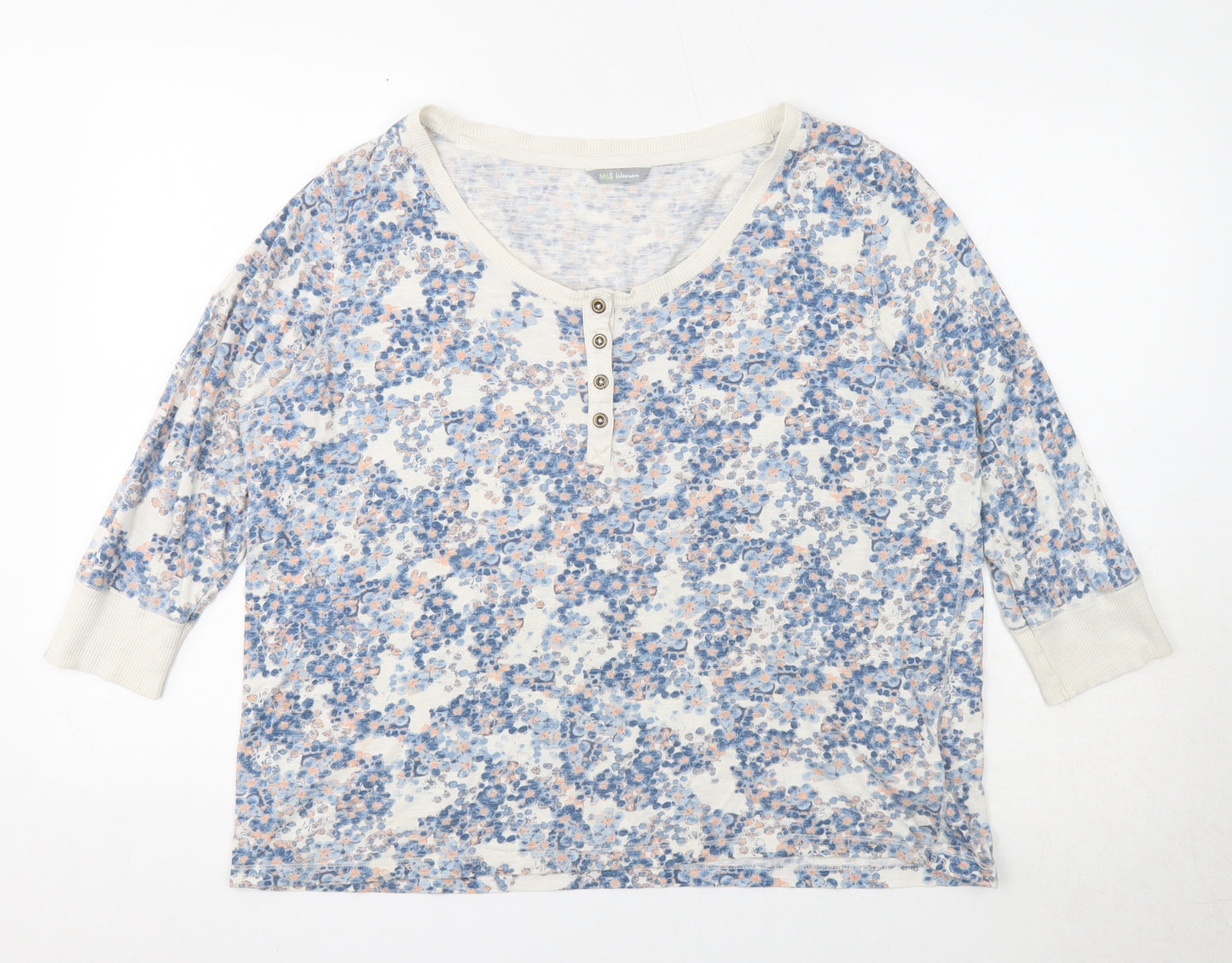 Marks and Spencer Womens Blue Geometric Cotton Basic T-Shirt Size 16 Round Neck