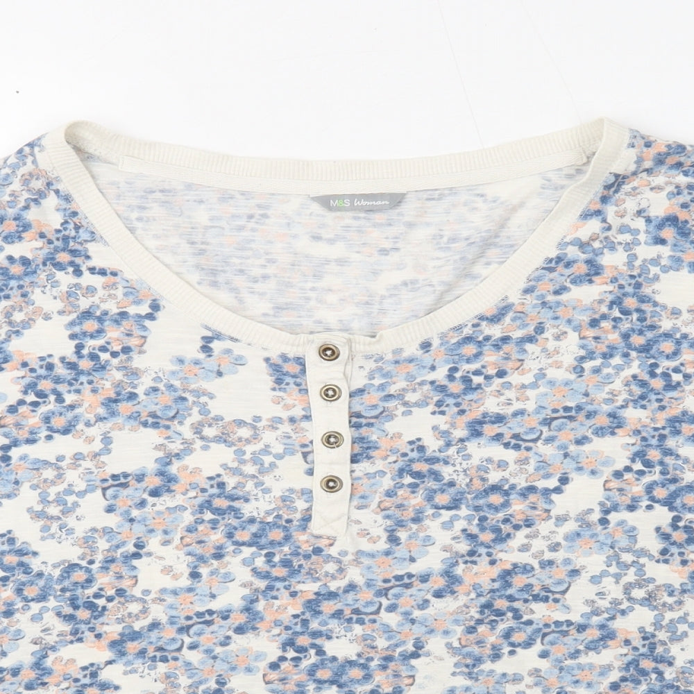 Marks and Spencer Womens Blue Geometric Cotton Basic T-Shirt Size 16 Round Neck