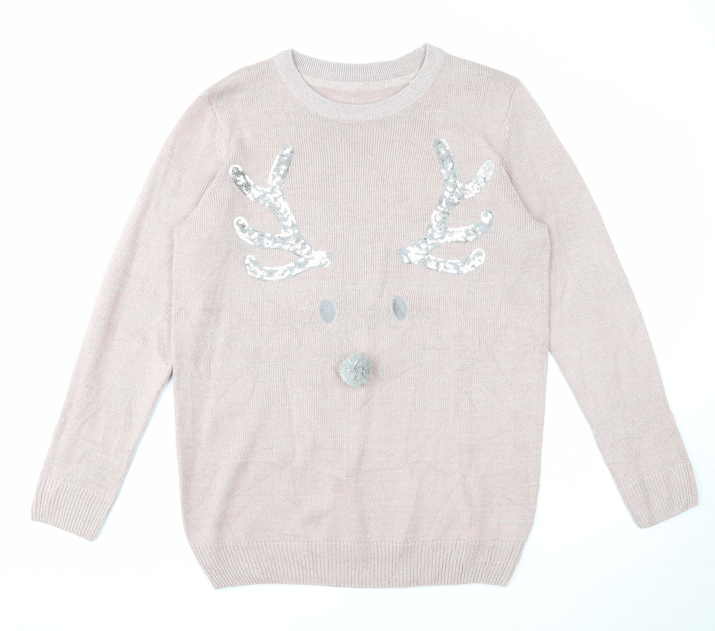 Blooming Marvellous Womens Pink Round Neck Acrylic Pullover Jumper Size M - Reindeer