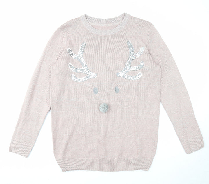 Blooming Marvellous Womens Pink Round Neck Acrylic Pullover Jumper Size M - Reindeer