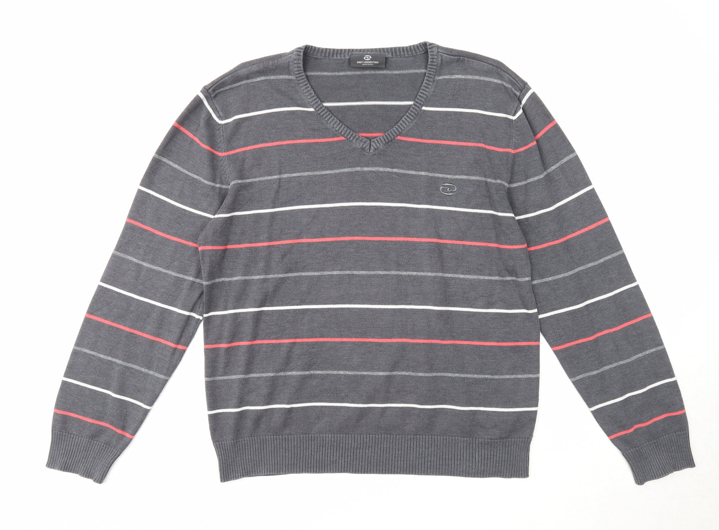 Grey Connection Mens Grey V-Neck Striped Cotton Pullover Jumper Size M Long Sleeve