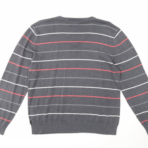Grey Connection Mens Grey V-Neck Striped Cotton Pullover Jumper Size M Long Sleeve