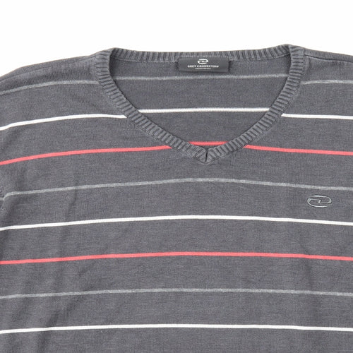 Grey Connection Mens Grey V-Neck Striped Cotton Pullover Jumper Size M Long Sleeve
