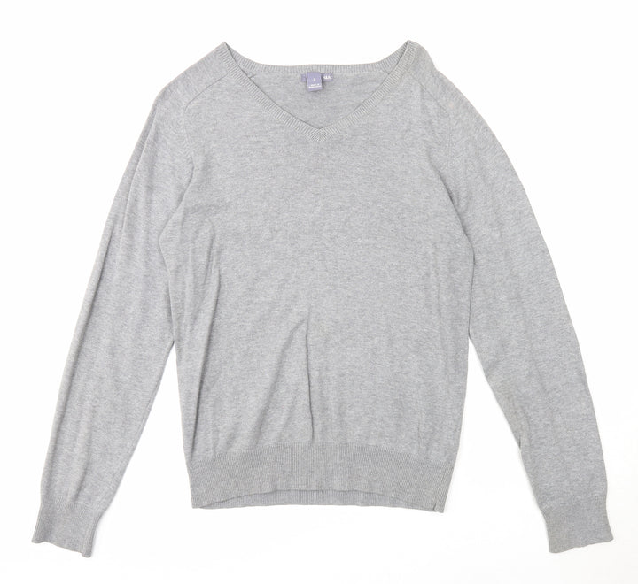 H&M Womens Grey V-Neck Cotton Pullover Jumper Size S