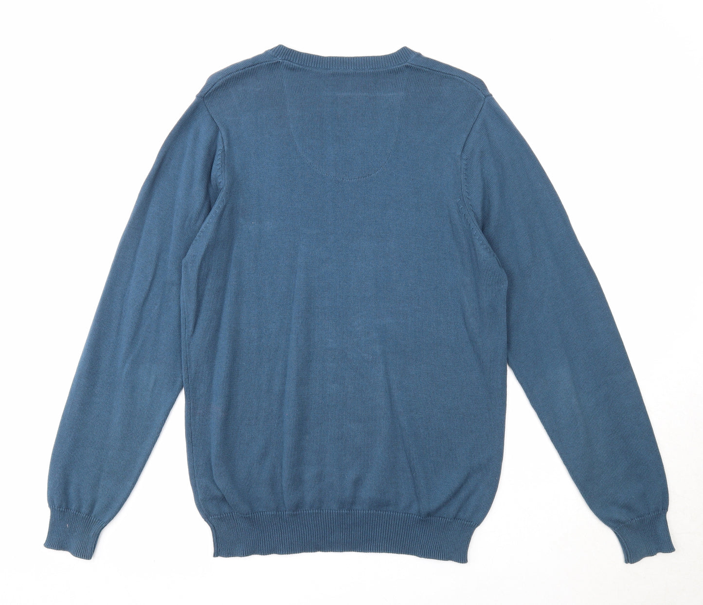 Marks and Spencer Mens Blue V-Neck Cotton Pullover Jumper Size S Long Sleeve