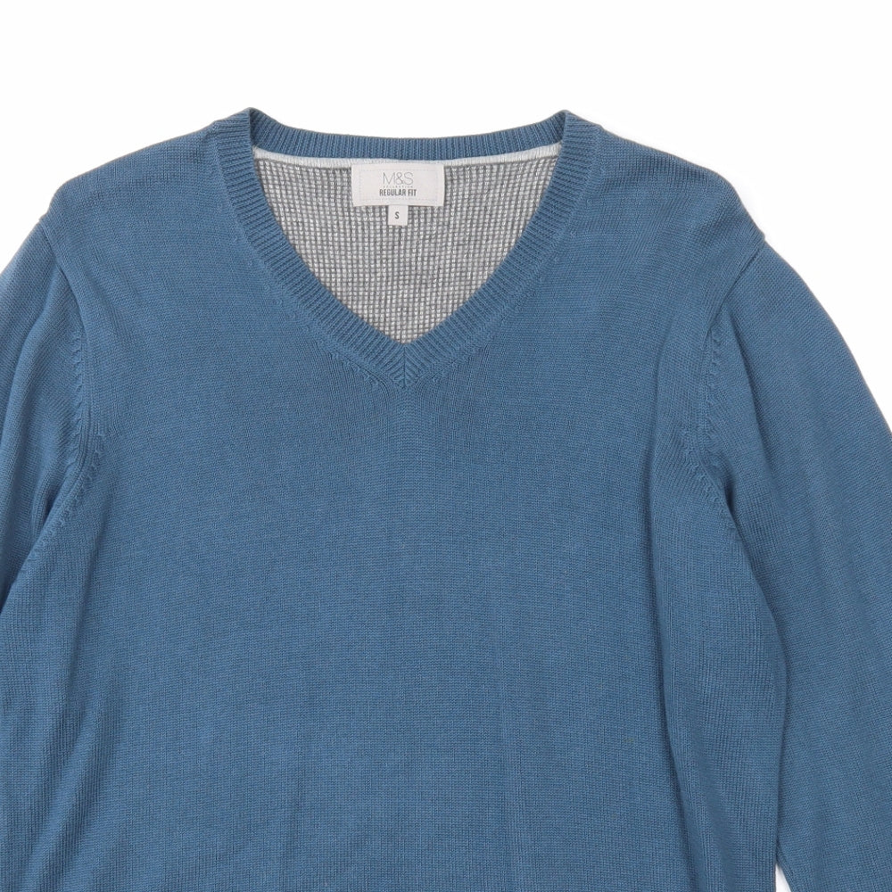 Marks and Spencer Mens Blue V-Neck Cotton Pullover Jumper Size S Long Sleeve