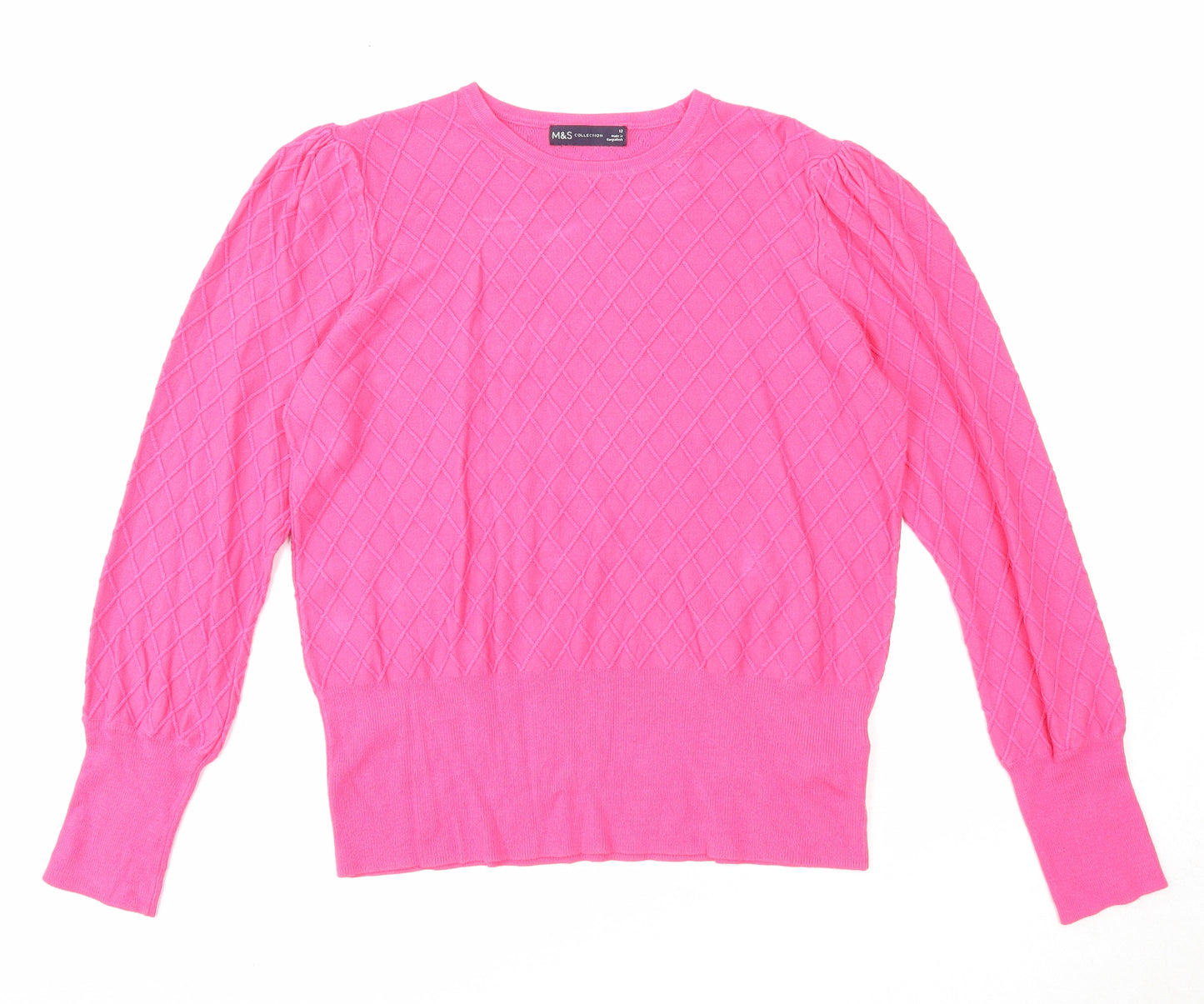 Marks and Spencer Womens Pink Round Neck Geometric Acrylic Pullover Jumper Size 12