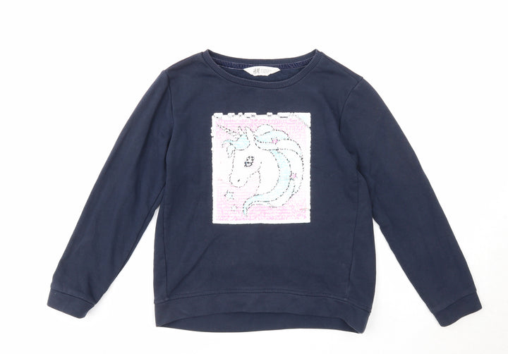 H&M Girls Blue Cotton Pullover Sweatshirt Size 9-10 Years Pullover - Unicorn