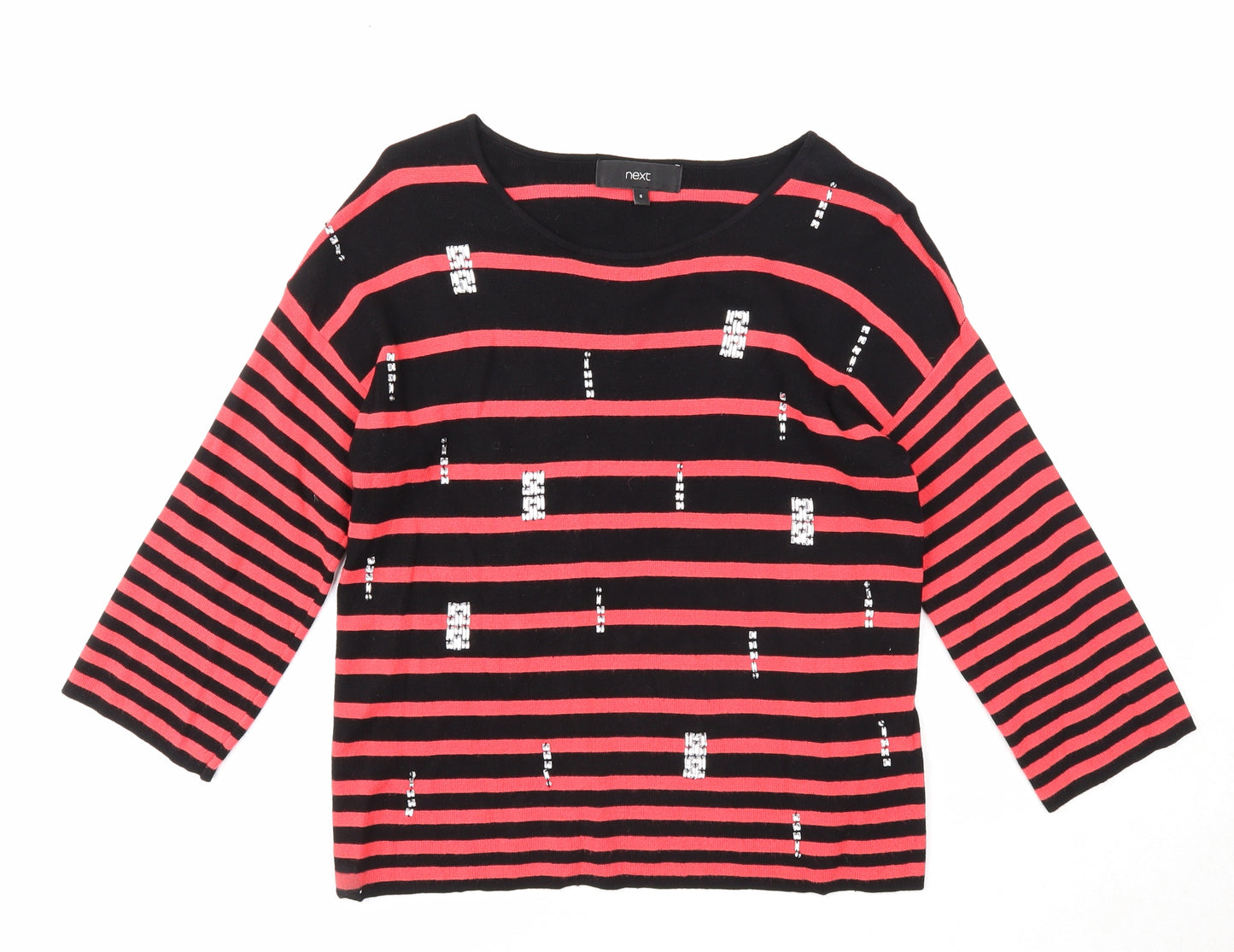 NEXT Womens Red Round Neck Striped Viscose Pullover Jumper Size 8