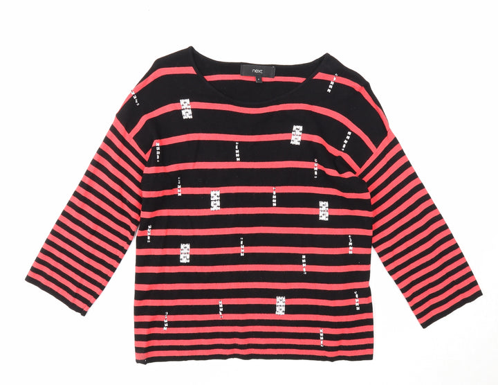 NEXT Womens Red Round Neck Striped Viscose Pullover Jumper Size 8