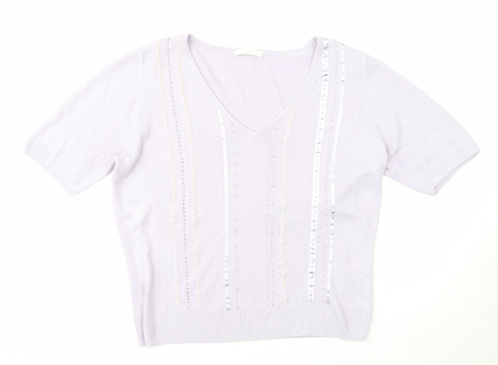 Marks and Spencer Womens Purple V-Neck Acrylic Pullover Jumper Size 16