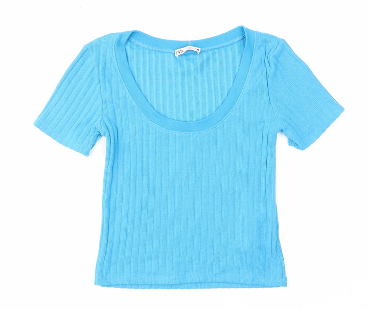 Zara Womens Blue Scoop Neck Viscose Pullover Jumper Size S