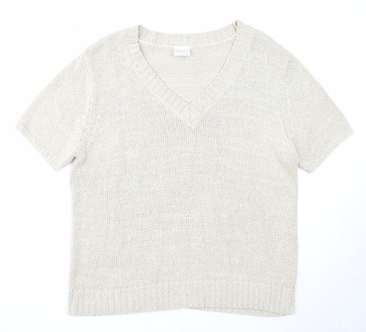 Casual Comfort Womens Beige V-Neck Acrylic Pullover Jumper Size 16