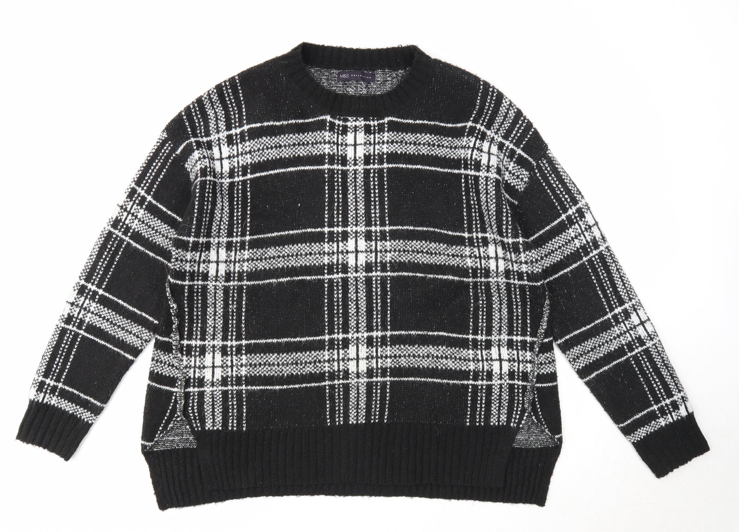Marks and Spencer Womens Black Round Neck Plaid Acrylic Pullover Jumper Size L