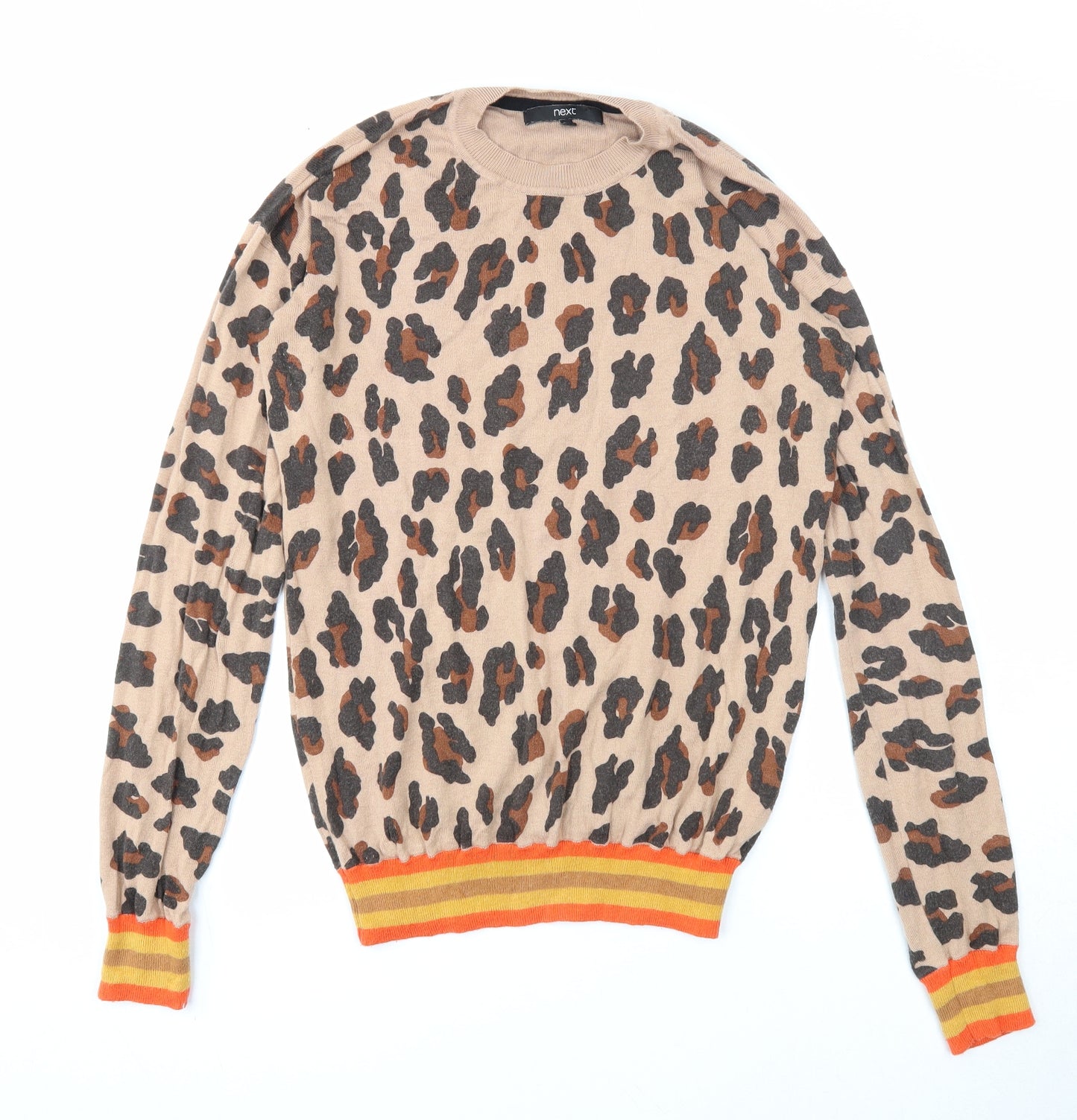 NEXT Womens Beige Round Neck Animal Print Cotton Pullover Jumper Size 10 - Leopard Print