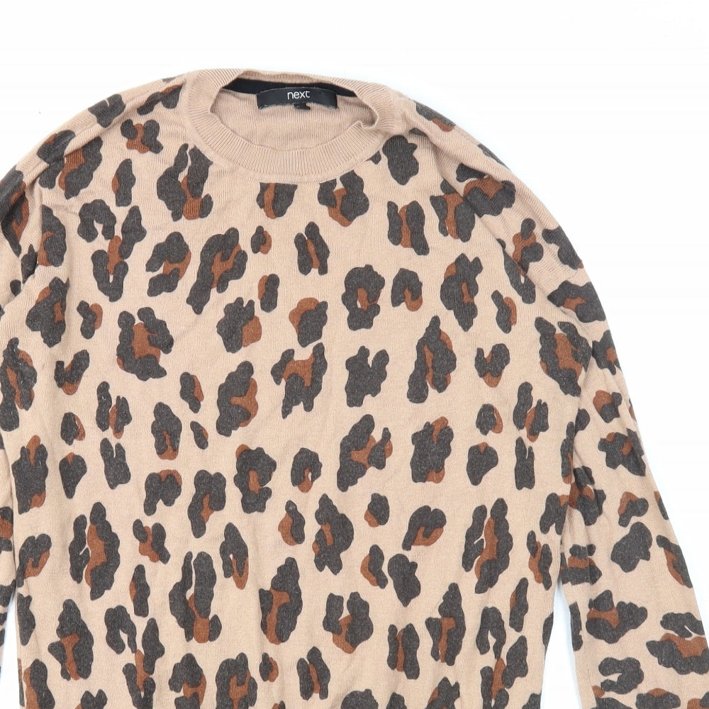 NEXT Womens Beige Round Neck Animal Print Cotton Pullover Jumper Size 10 - Leopard Print