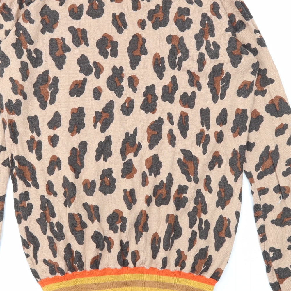 NEXT Womens Beige Round Neck Animal Print Cotton Pullover Jumper Size 10 - Leopard Print