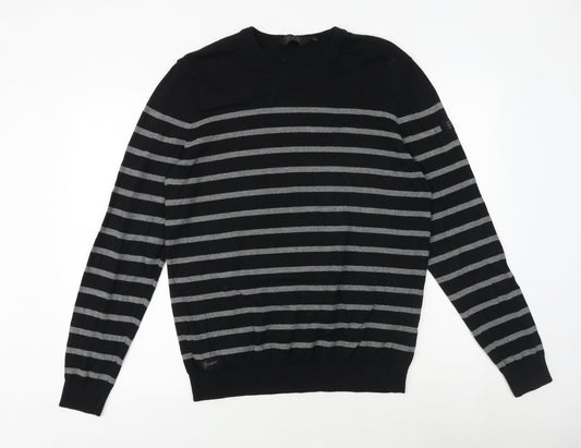 DNM Dissident Mens Black Round Neck Striped Cotton Pullover Jumper Size L Long Sleeve