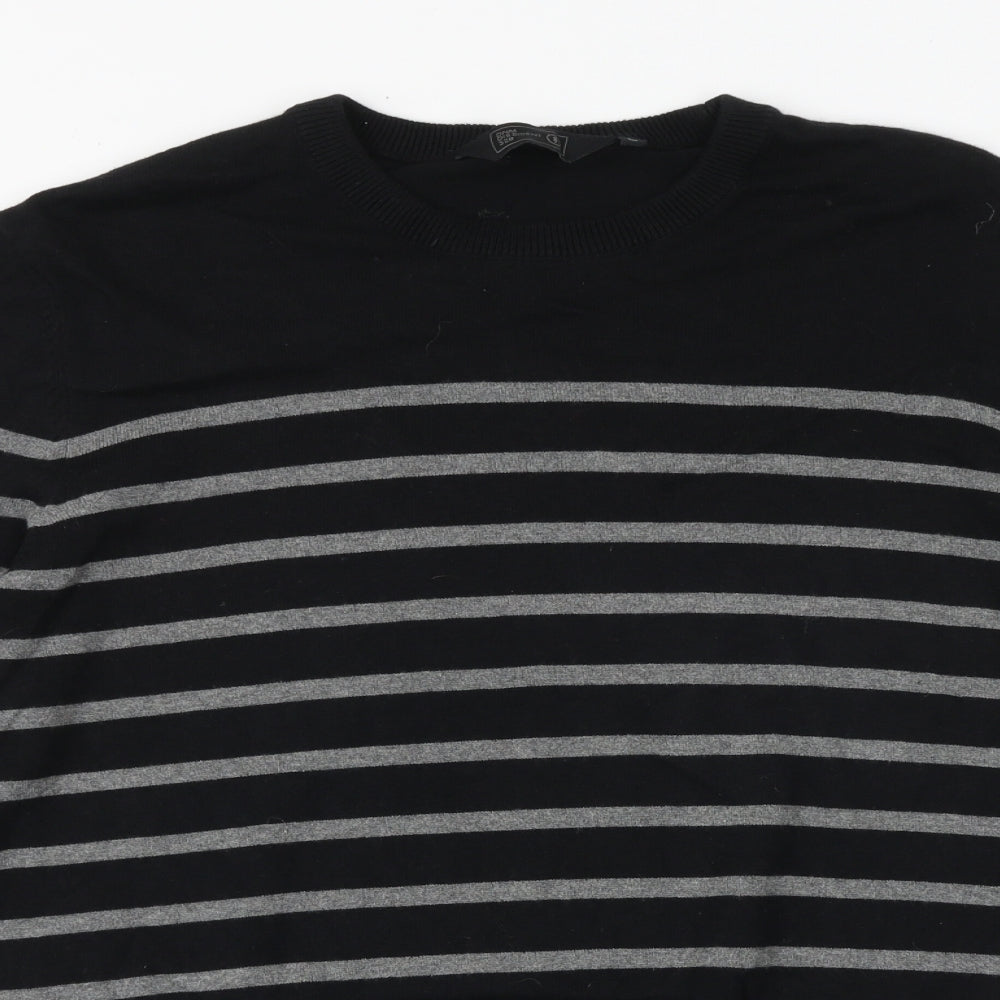 DNM Dissident Mens Black Round Neck Striped Cotton Pullover Jumper Size L Long Sleeve