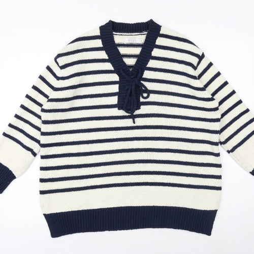 Masai Womens Blue V-Neck Striped Cotton Pullover Jumper Size M - Lace Up Detail