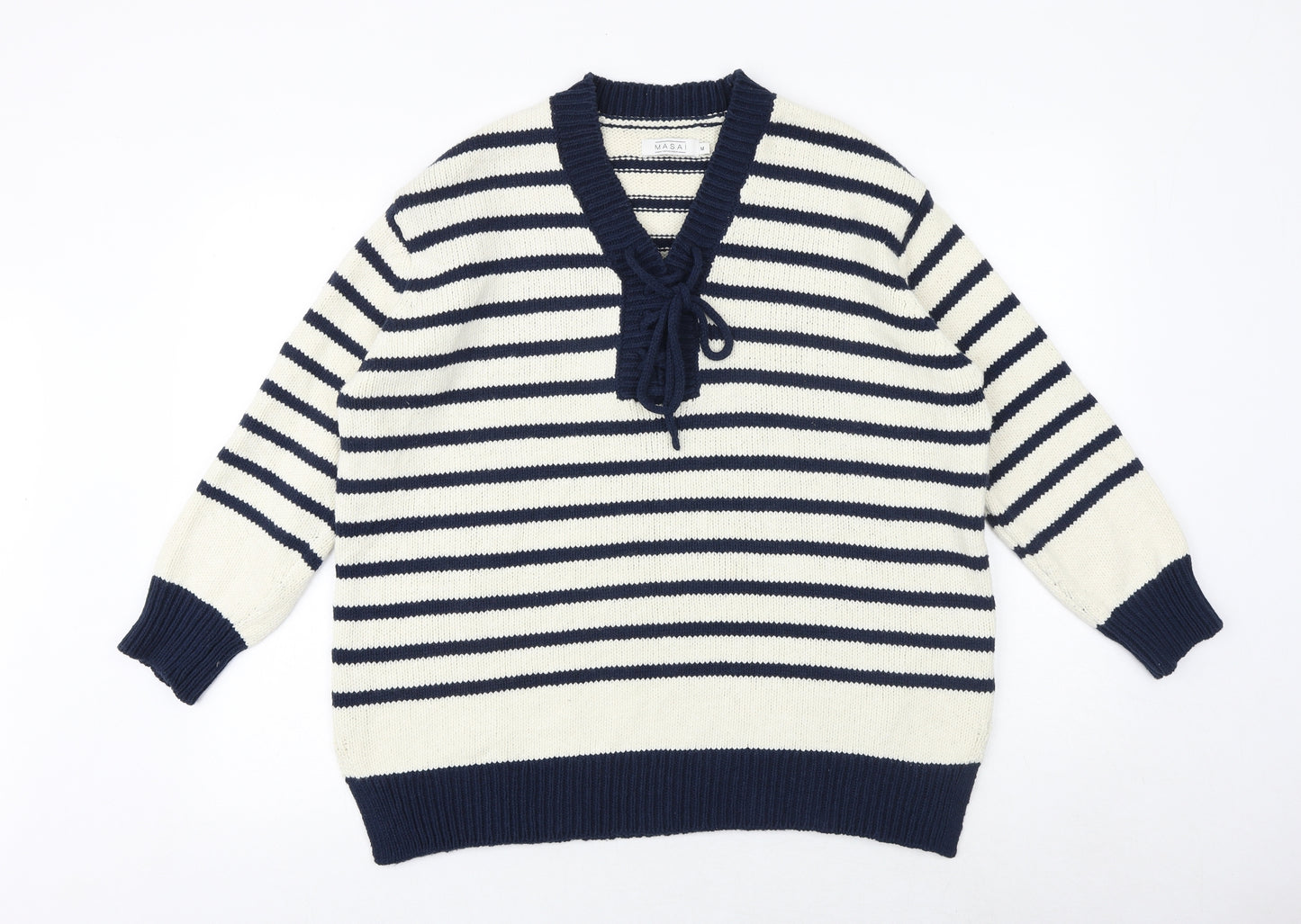 Masai Womens Blue V-Neck Striped Cotton Pullover Jumper Size M - Lace Up Detail