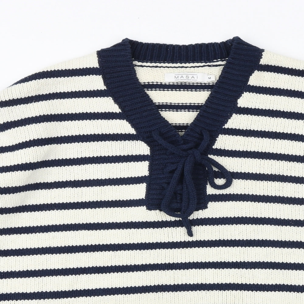 Masai Womens Blue V-Neck Striped Cotton Pullover Jumper Size M - Lace Up Detail