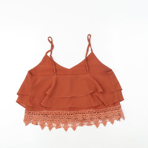 Glamorous Womens Brown Polyester Cropped Tank Size S V-Neck - Crochet Detail