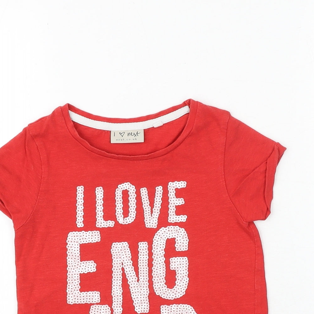 NEXT Girls Red 100% Cotton Basic T-Shirt Size 5 Years Round Neck Pullover - I Love England