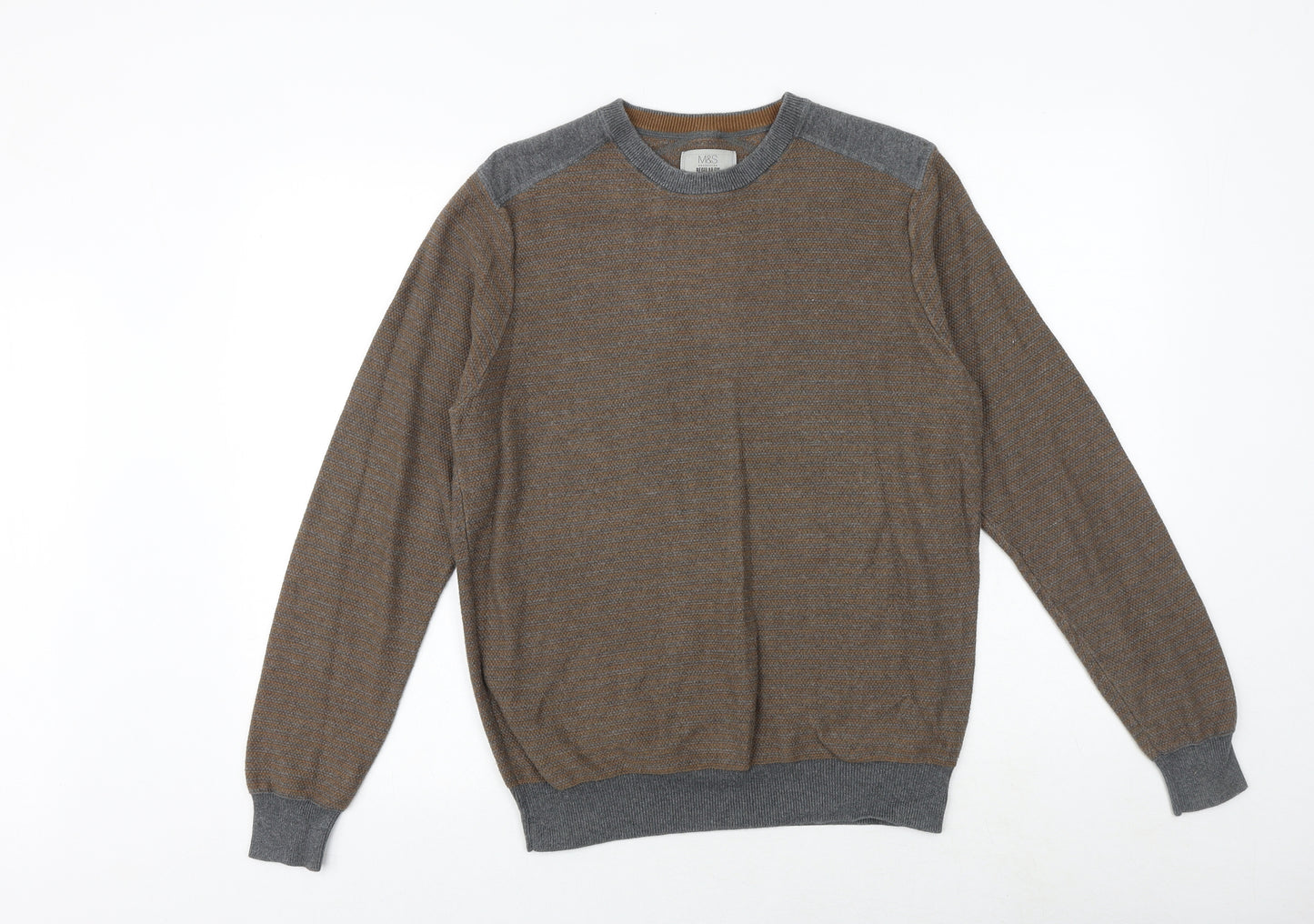 Marks and Spencer Mens Brown Round Neck Cotton Pullover Jumper Size M Long Sleeve