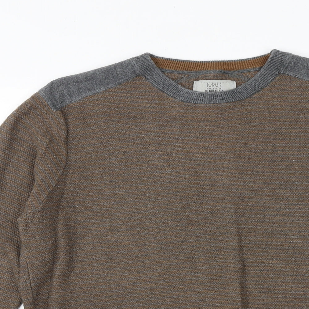 Marks and Spencer Mens Brown Round Neck Cotton Pullover Jumper Size M Long Sleeve