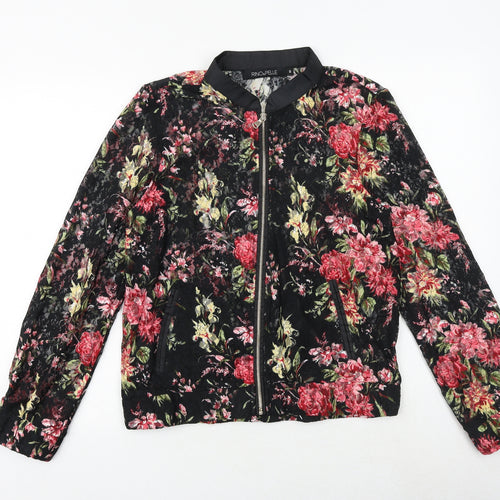 Rino&Pelle Womens Black Floral Bomber Jacket Jacket Size 2XS Zip