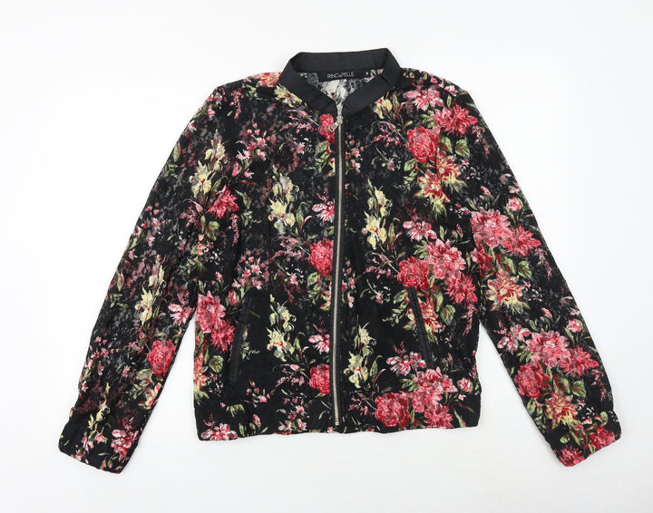 Rino&Pelle Womens Black Floral Bomber Jacket Jacket Size 2XS Zip