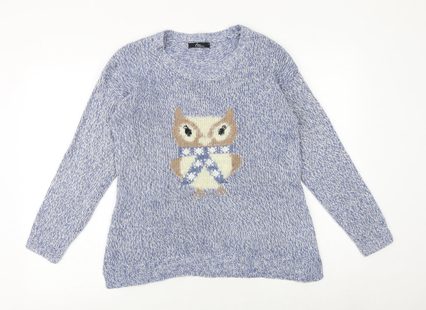 Bonmarché Womens Blue Round Neck Acrylic Pullover Jumper Size S - Owl Pattern