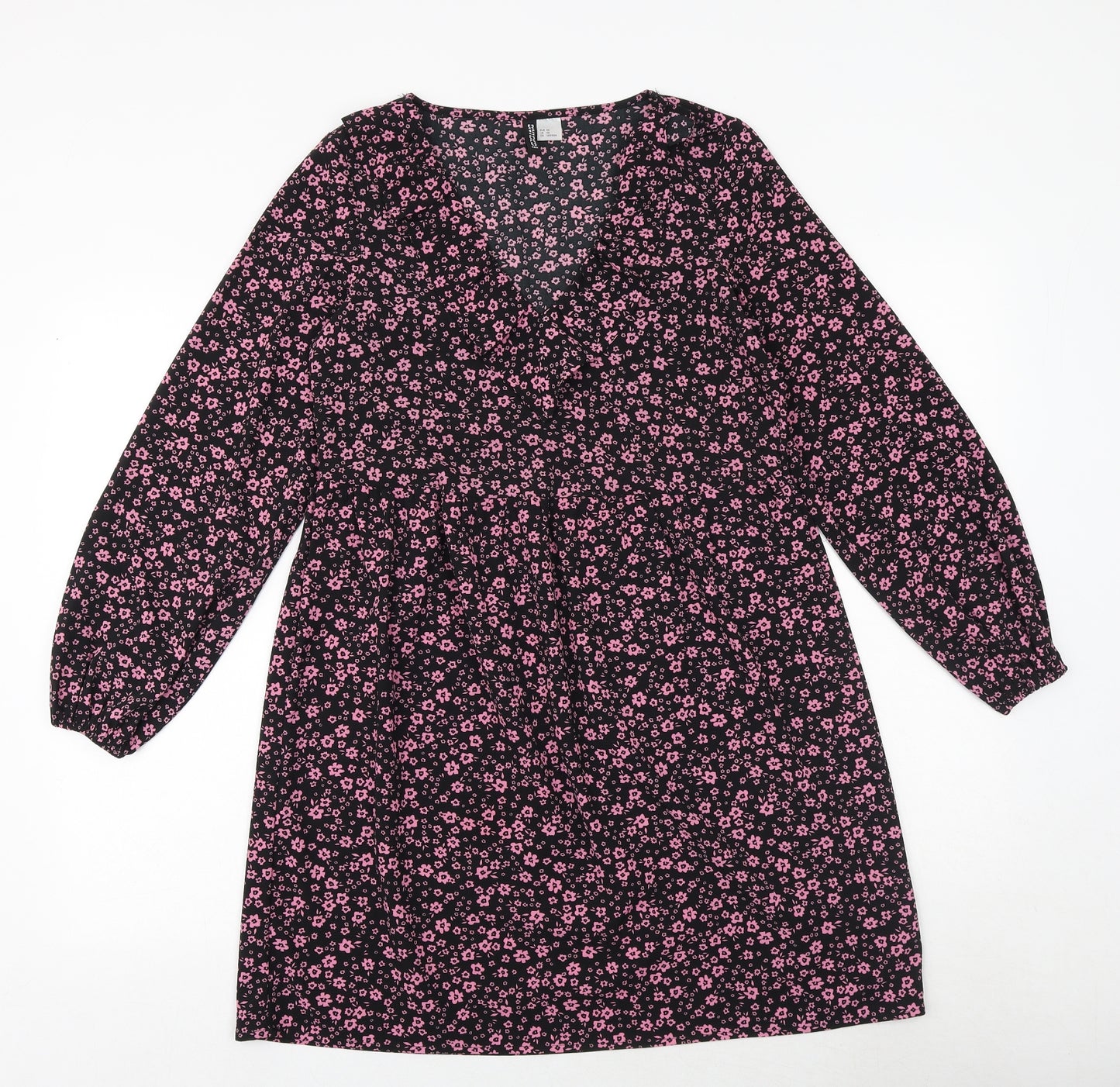 H&M Womens Black Floral Polyester A-Line Size XS V-Neck Pullover